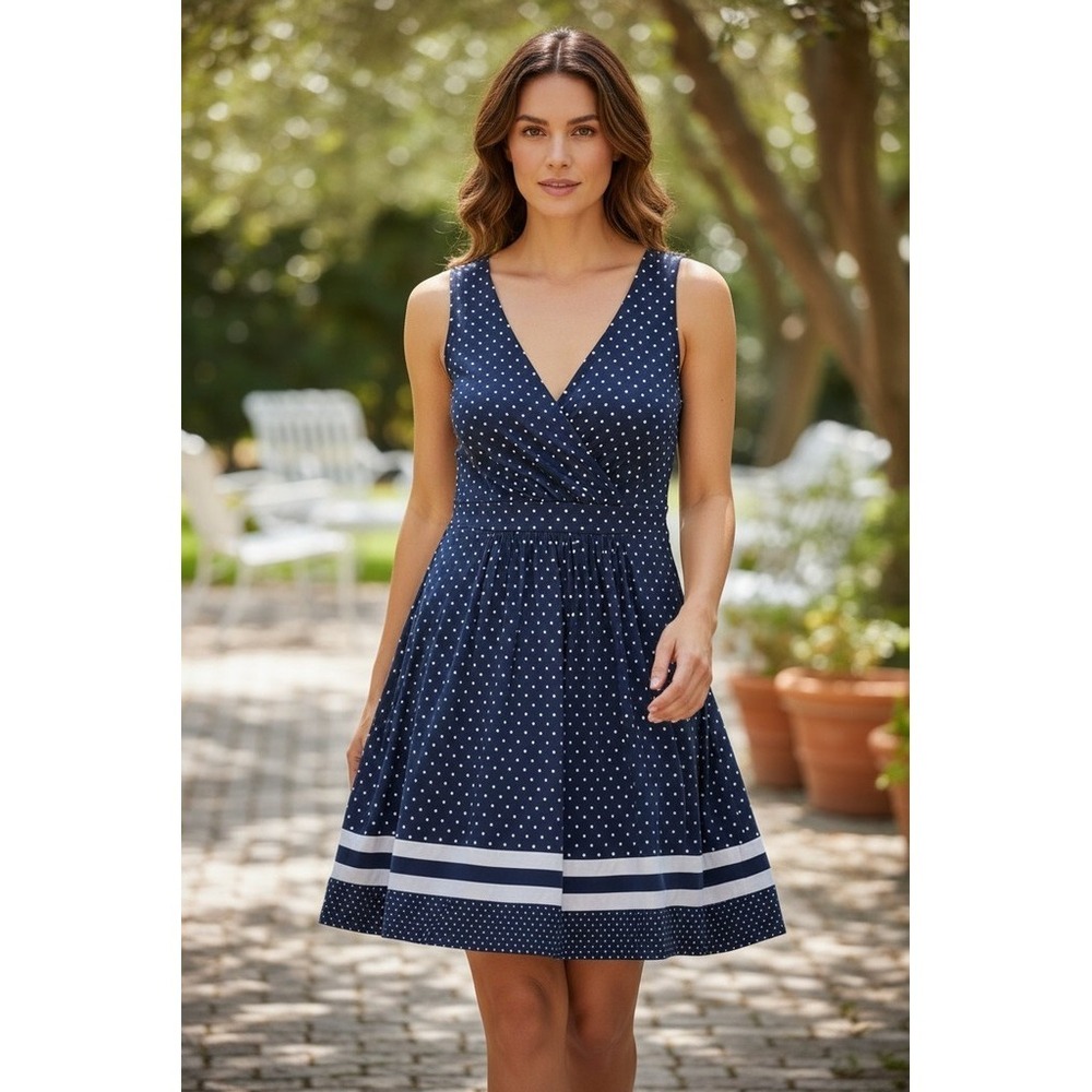 Lands'‎ End Dress Womens L Navy Blue Polka Dot Fit & Flare Knee preppy nautical